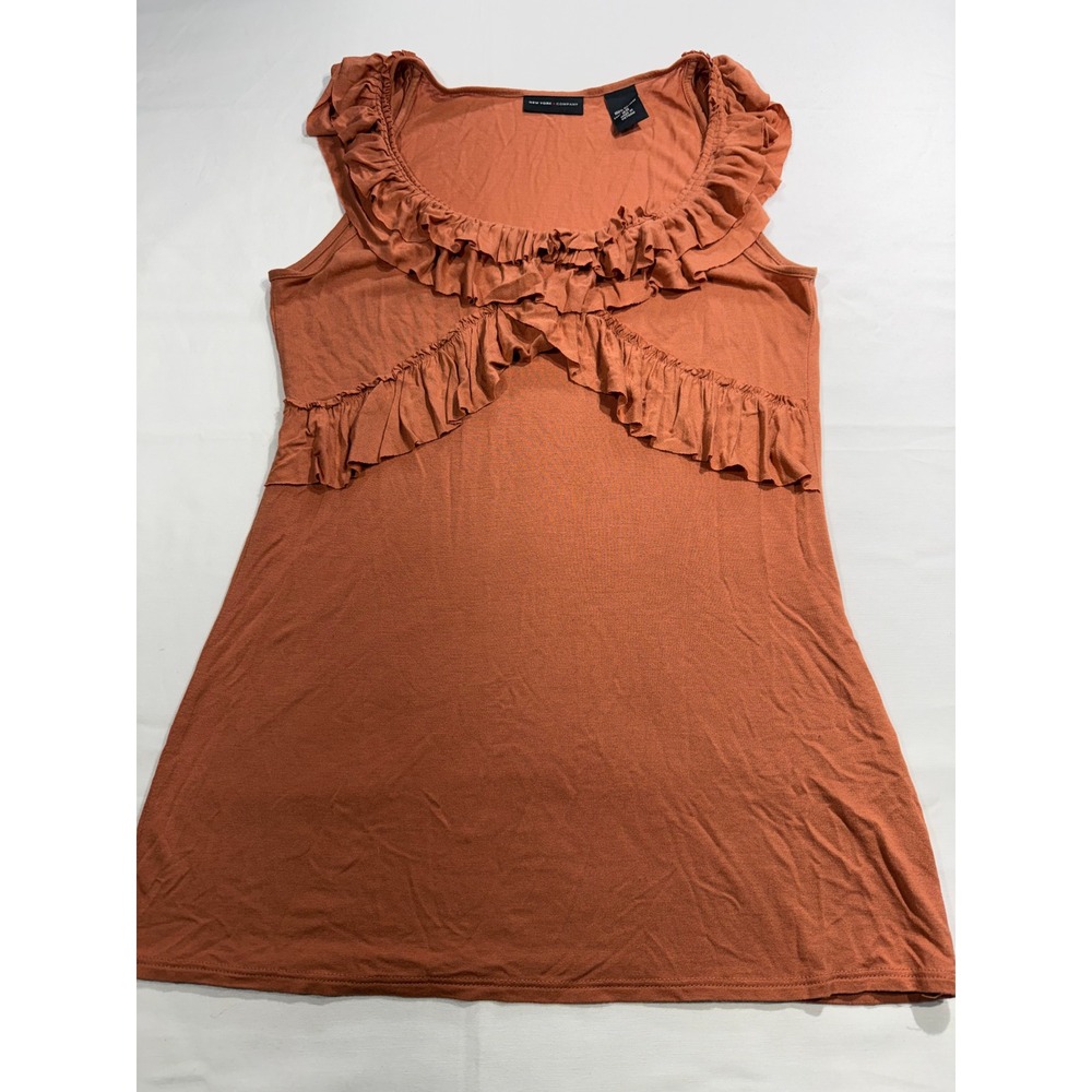 New York & Company Women XS Rust Orange Ruffle Sleeveless Rayon Top Tank
